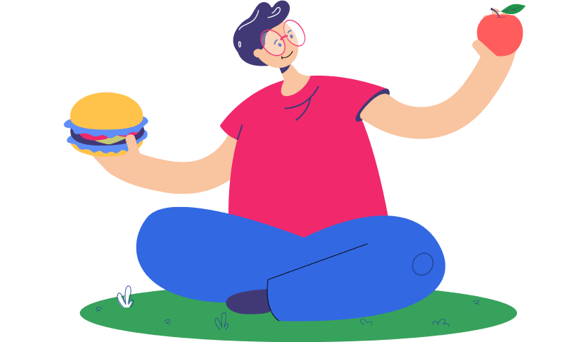 Illustration of a person holding a hamburger and an apple, symbolizing food choices.